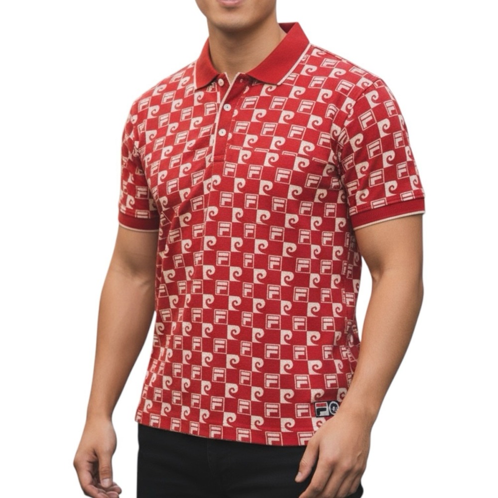 FILA + Pierre Cardin Polo Shirt Mens M Red Preppy Sporty Streetwear‎ Checkered